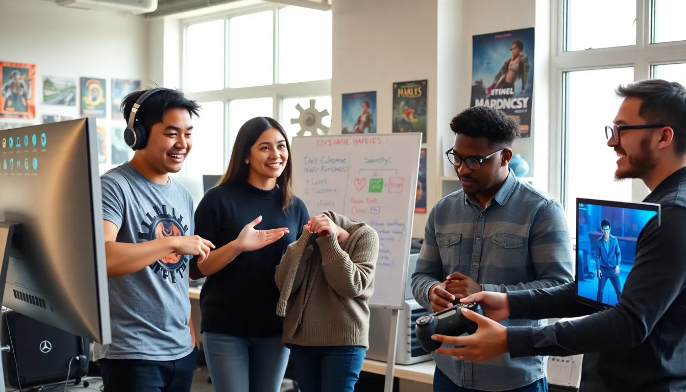game developers collaborating in a vibrant studio filled with gaming concepts.
