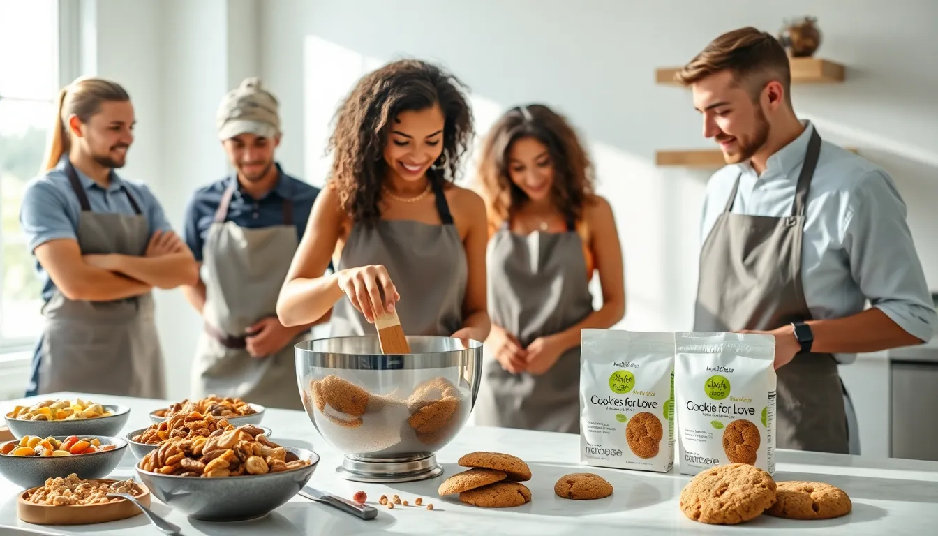 bakers creating healthy cookies in a modern kitchen.