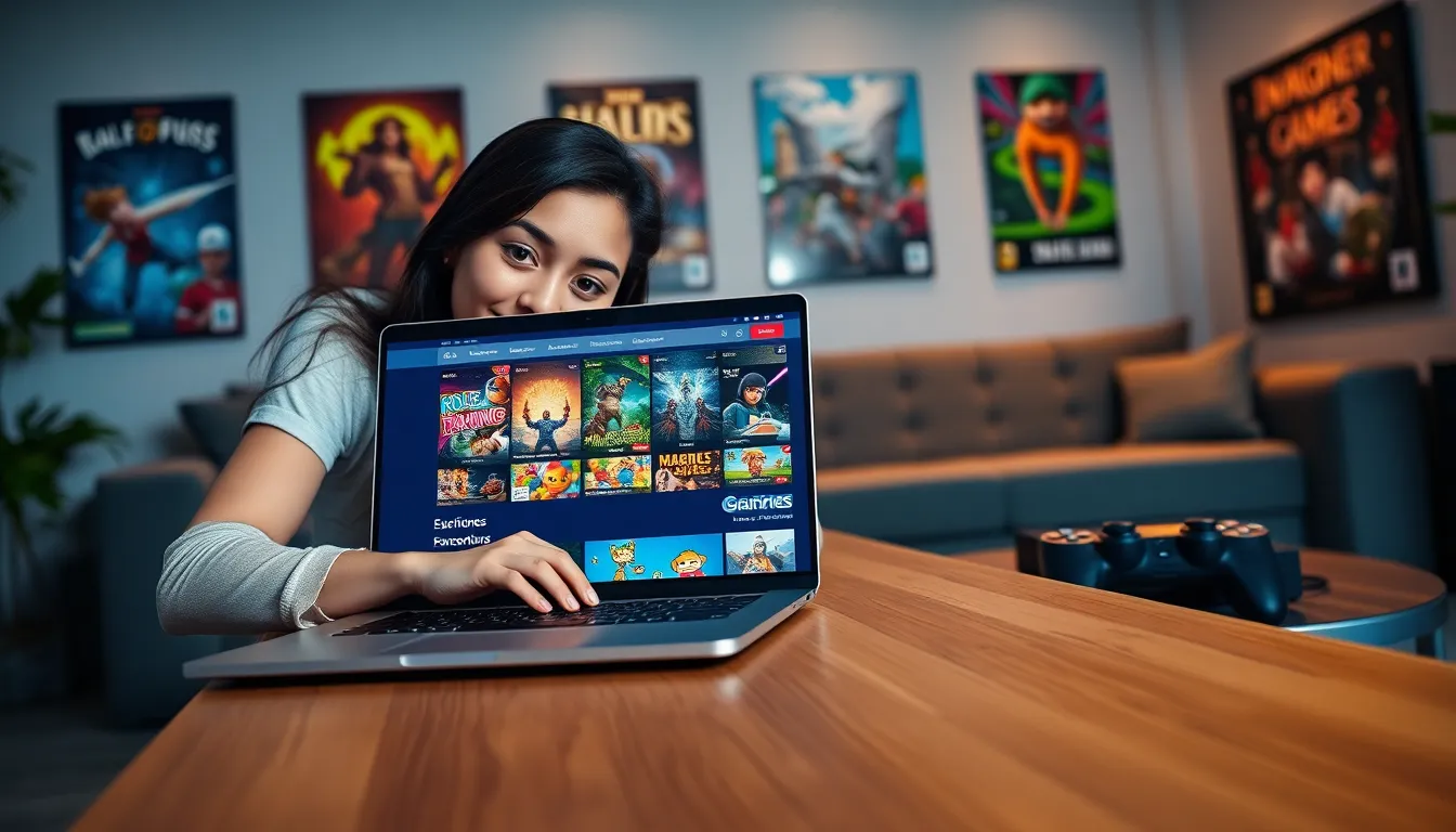 A young woman explores ImagineerGames.com on a laptop in a cozy setting.